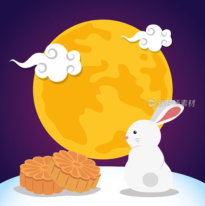 happy rabbit with flowers cookies and clouds with moon